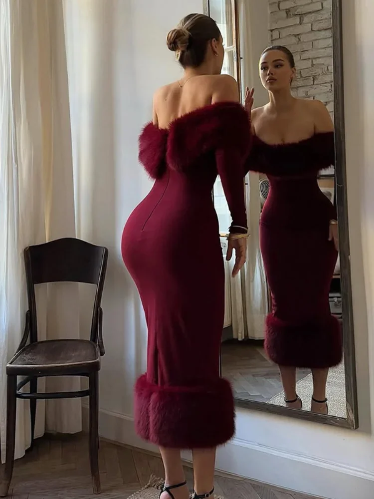 Lady Party Evening Gowns Women Strapless Faux Fur Patchwork Dress Sexy Off-shoulder Full Sleeve Cinched-waist Bodycon Dresses