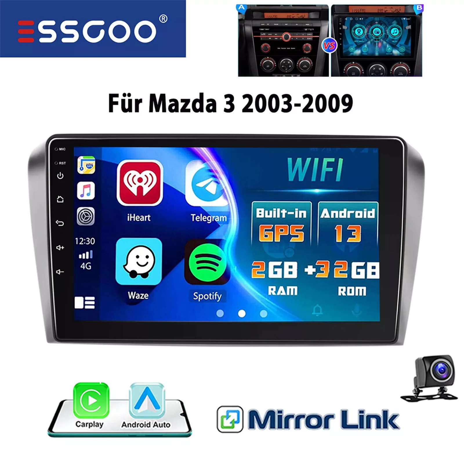 ESSGOO 9" 2 DIN HD Touchscreen Display voor Mazda 3 2003-2009 Android 13 Autoradio Wireless CarPlay GPS Navigatie Stereo Bluetooth FM WIFI RDS Multimedia Video Speler 32G/64G 4 Core