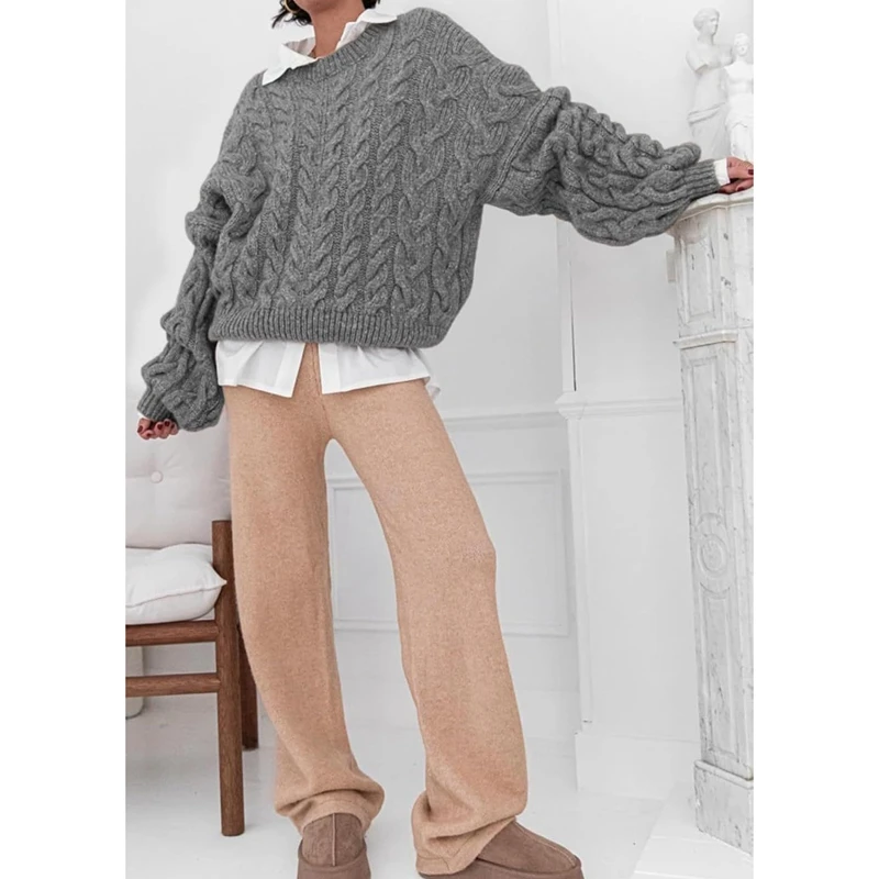 

Women Autumn Winter Loose Fit Sweater Solid Color Cable Knit Lantern Long Sleeve Round Neck Oversized Pullover Tops