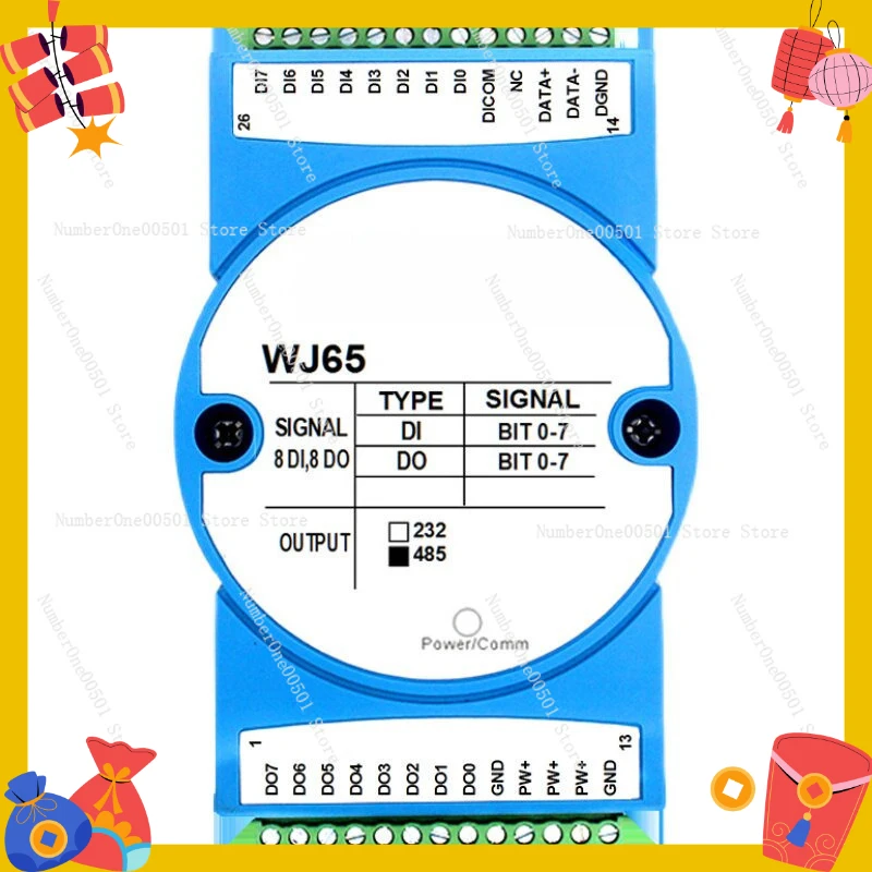 WJ65 8DI 8DO Remote I O Module Isolated Switch to RS485 232 Modbus RTU Data Acquisition