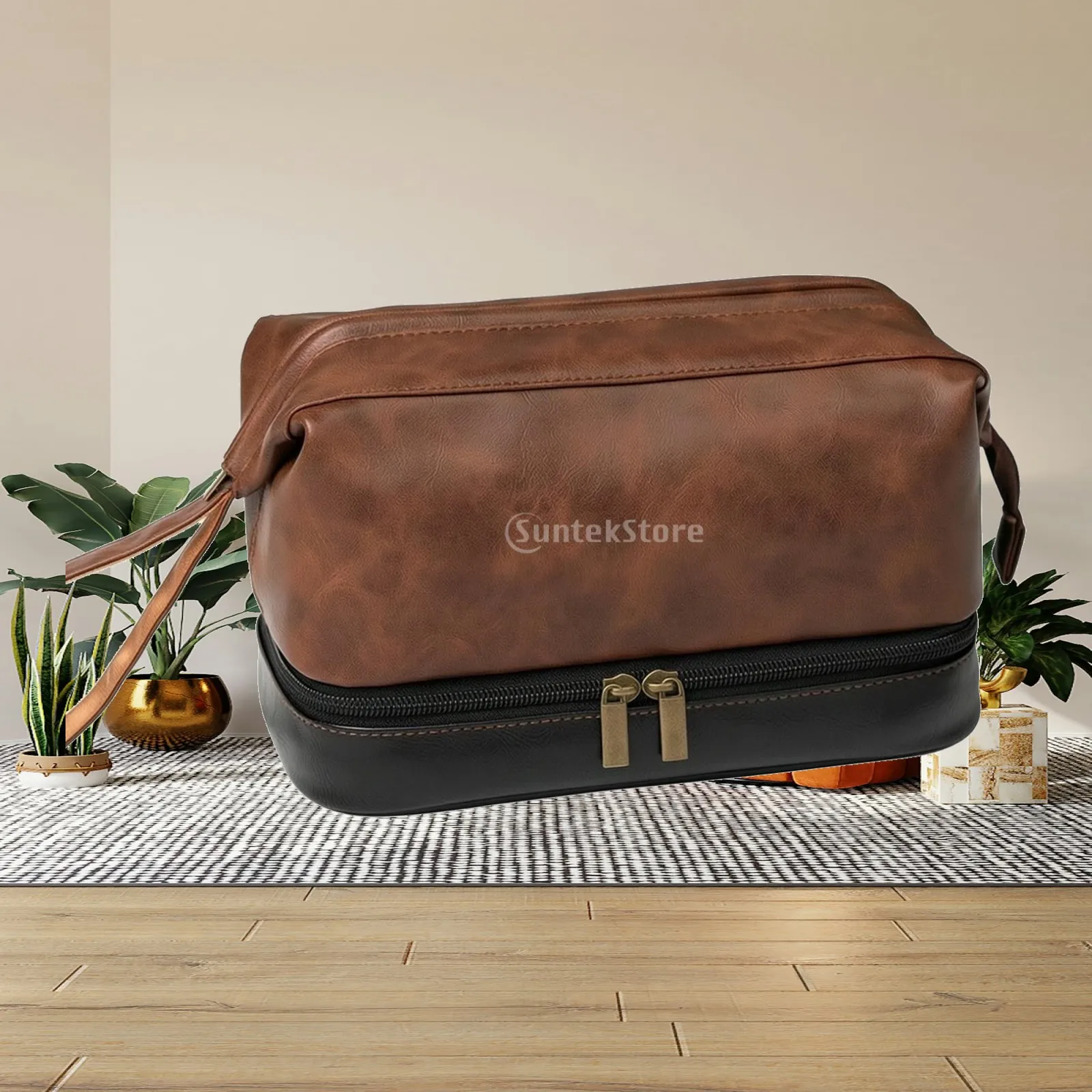 Solid Color PU Leather Toiletry Organizer Case with Metal Zippers and Carry Handle for Home Storage and Travel