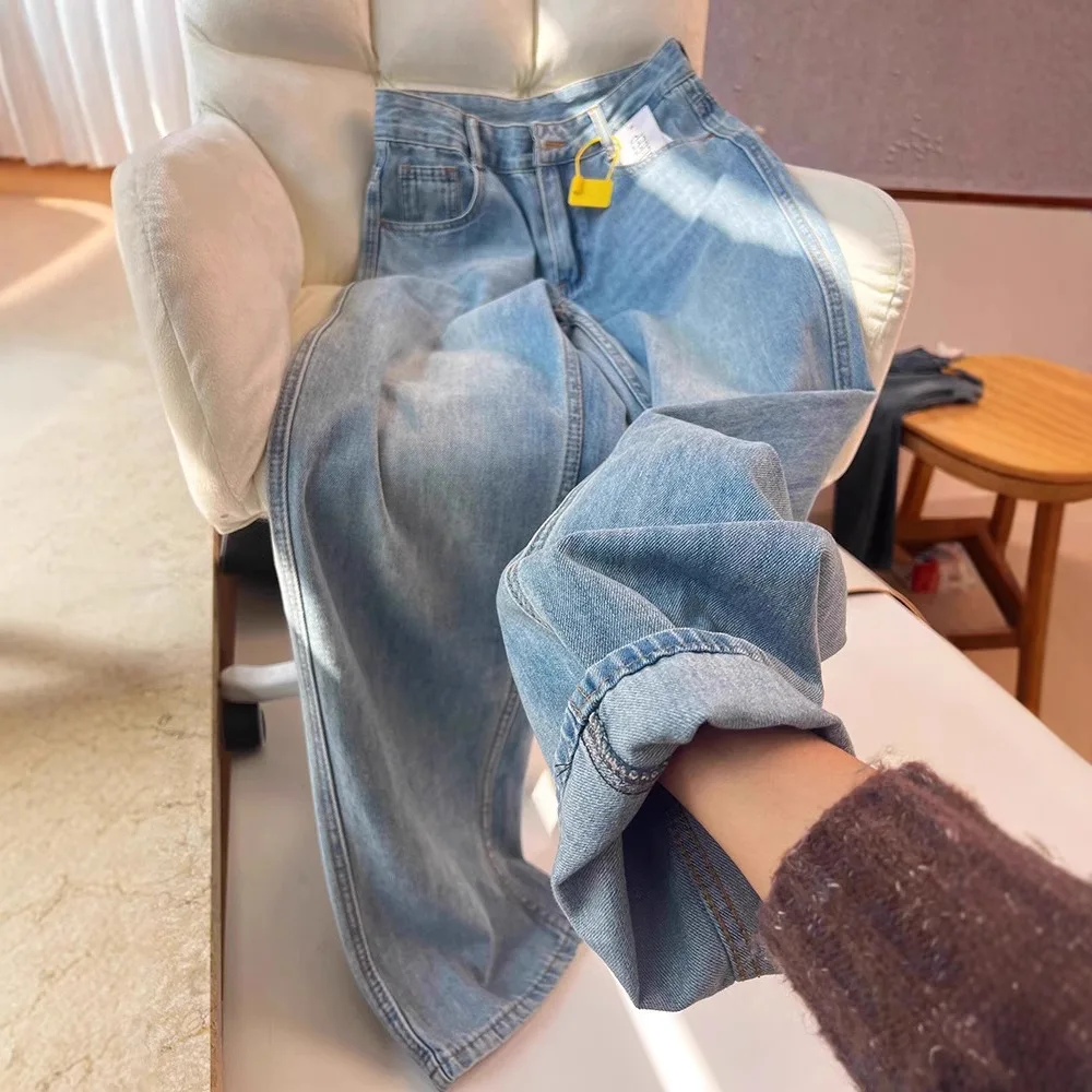 Rits Hoge Taille Losse Denim Broek Volledige Lengte Gewassen Distressed Basics Jeans Wijde Pijpen Broek Dames Rechte Jean