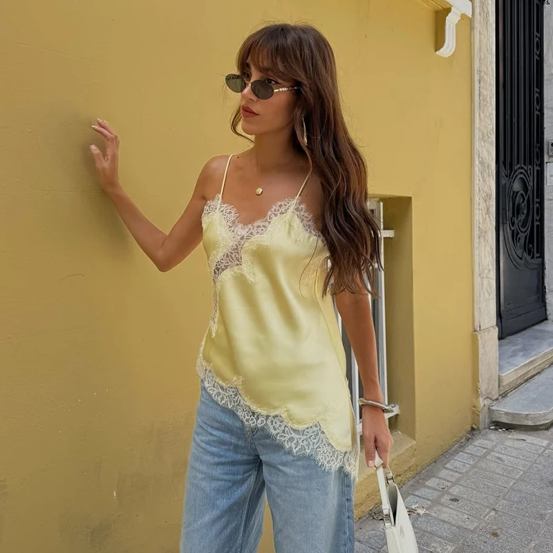 2025 Abito lungo patchwork in pizzo asimmetrico in raso caldo Abiti eleganti con orlo Cami 2025 Abito sexy da spiaggia per feste autunnali alla moda