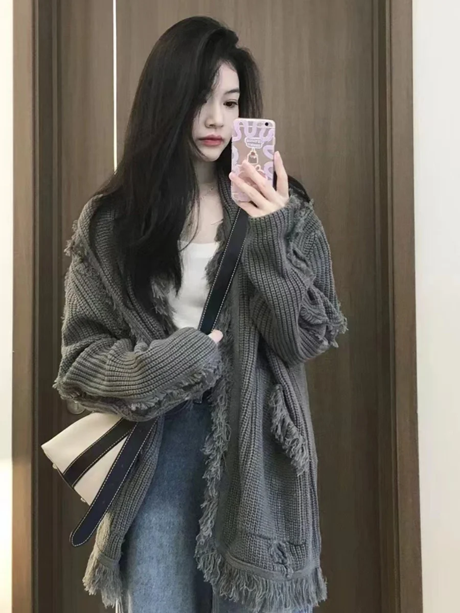 

Loose Knitted Sweater Coat for Women with Tassel Design Lazy Sle V-Ne Long Sve Regular Fit Casual Spring Autumn New Ar...
