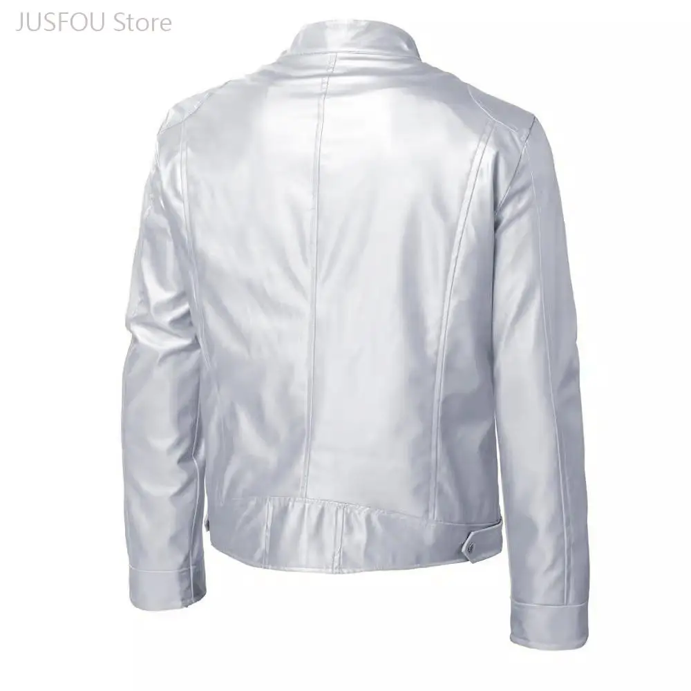 Men Stand Collar Shiny Metallic Pu Leather Jacket Slim Zipper Coat Gold Silver Stage Performance Party Outerwear S To 5Xl