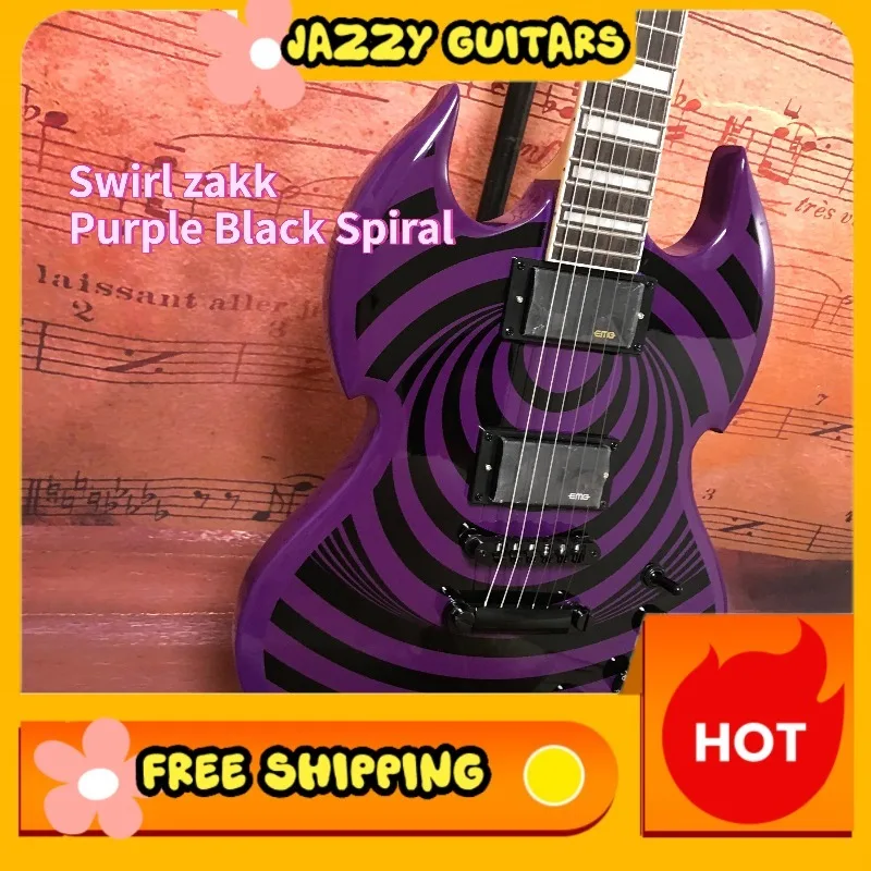 1961 Reissue SGW Horn Electric Guitar Purple Black Spiral Swirl Graphic HH Active Humbuckers, Heavy Metal Hard Rock Guitar