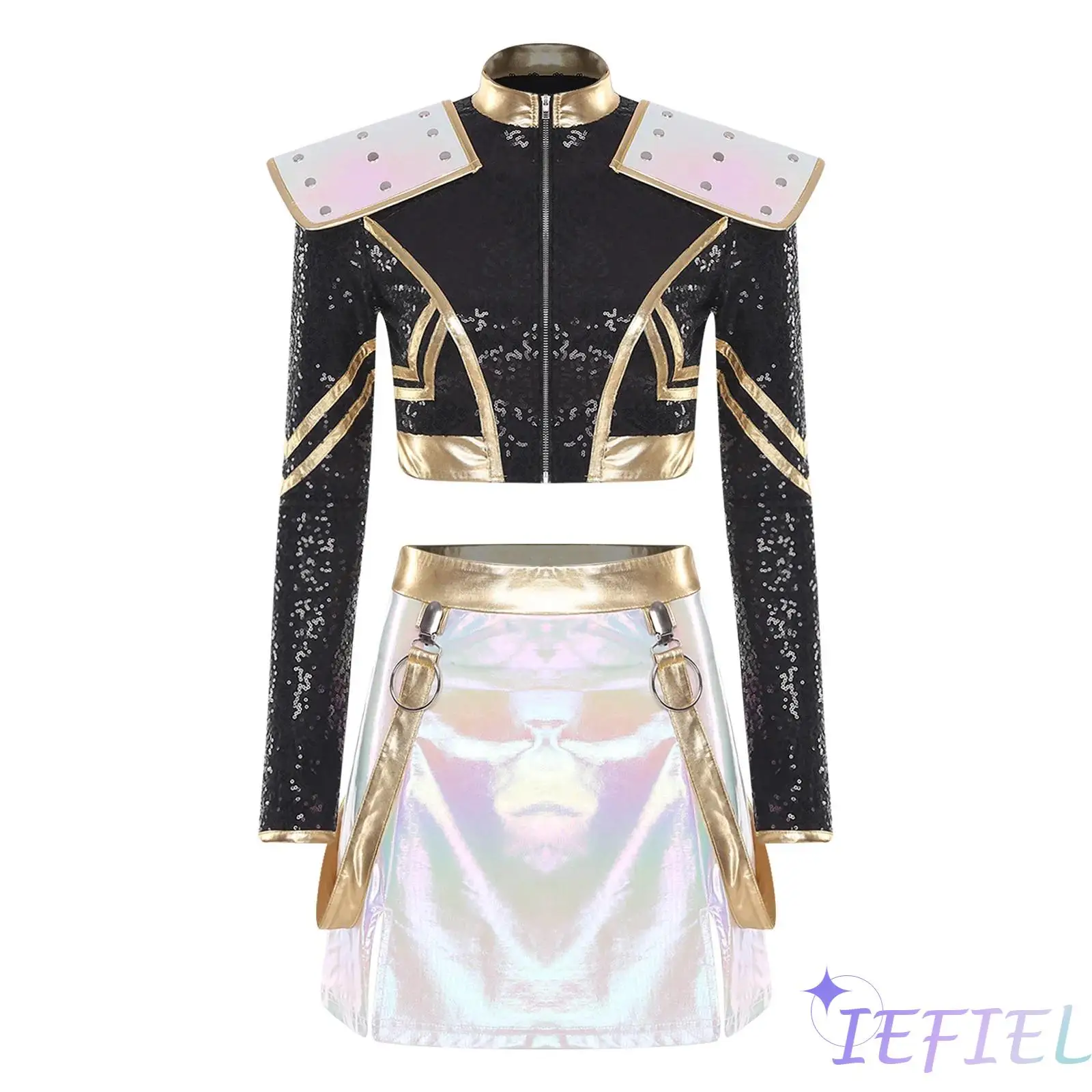 

Женский костюм для косплея на Хэллоуин, укороченный жакет с длинными рукавами и заклепками на плечах, топ и металлическая блестящая мини-юбка для вечеринки Raves