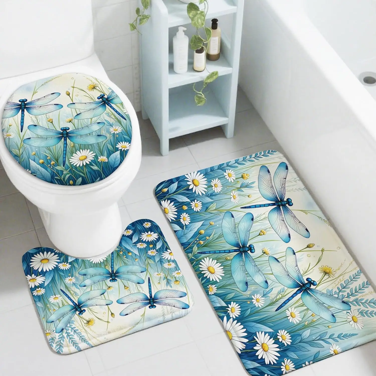 Blue Dragonfly Bath Mat Set – Floral 3-Piece Rug for Bathroom, Toilet Lid Cover & U-Shaped Pad, Non-Slip Washable