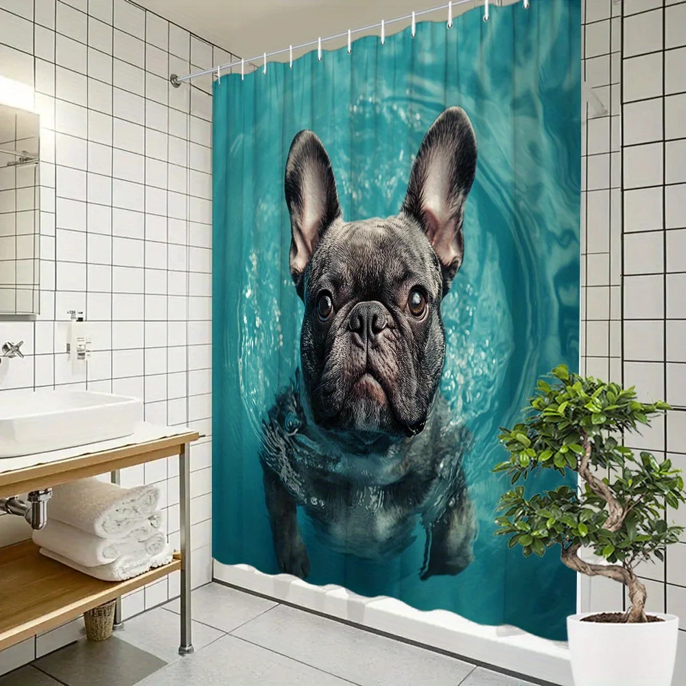 フレンチブルドッグシャワーカーテンかわいい犬水泳プリント防水ポリエステル浴室装飾バスカーテンセット