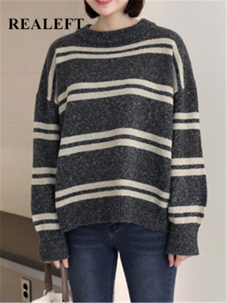 

REALEFT Autumn Winter Classic Striped Women's Sweaters Casual Loose O-Neck Knitted Pullovers Sweaters Korean Female 2023 New