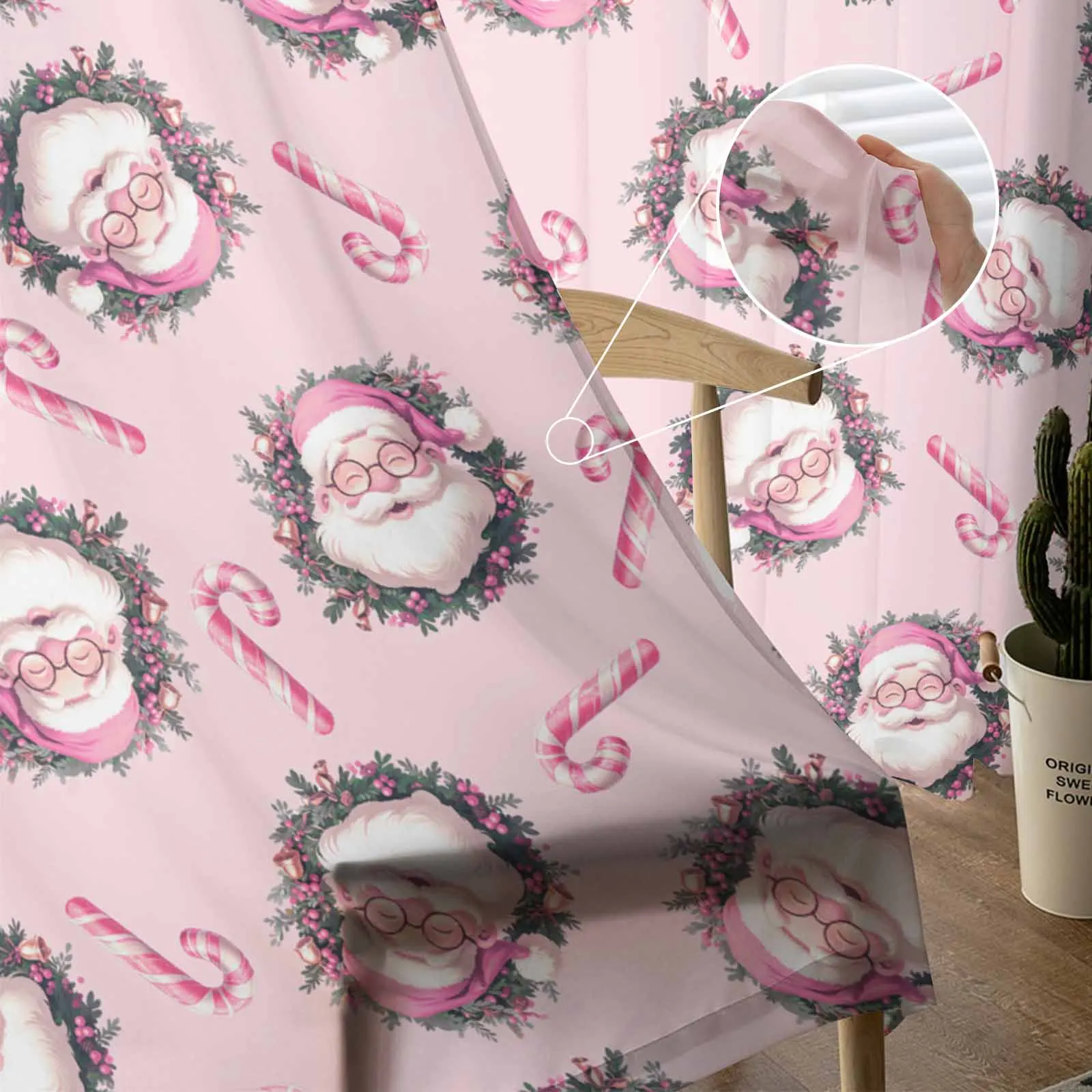 Christmas Santa Claus Candy Cane Pink Sheer Curtains Home Living Room Bedroom Kitchen Window Decorations Voile Tulle Curtains