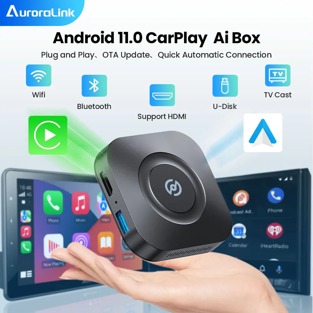 

AuroraLink Carplay Ai Box Mini TV Box 2023 New Wireless Carplay Dongle Android Auto Adapter with Netflix and YouTube Android 11