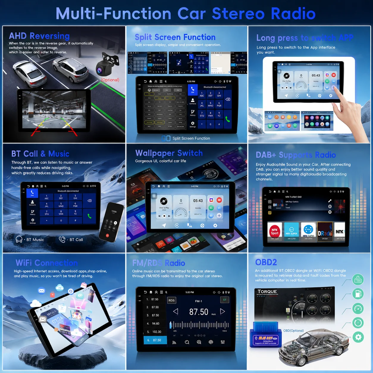 Podofo, autoradio universel 9 pouces, CarPlay sans fil, Android Auto, 4+64 Go, écran tactile, GPS, unité principale, WiFi, Bluetooth, lecteur multimédia vidéo pour voiture, fonction Mirror Link, récepteur radio pour voiture, compatible avec caméra de recul.