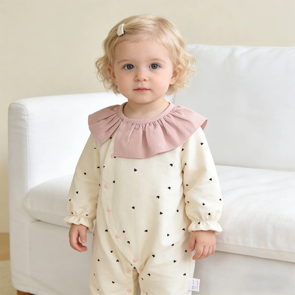 Sweet Baby Girls Bodysuit Love Print Ruffle Peter Pan Collar Long Sleeve Baby Romper Autumn Soft Cotton Infant Jumpsuit