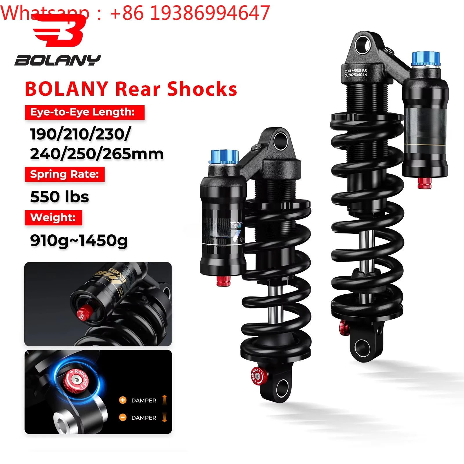 For BOLANY Mountain Bike Rear Absorber 550lbs Spring Suspension 210/230/240/250/265mm Motorcycle Shock DH MTB Bicycle Rear Shock