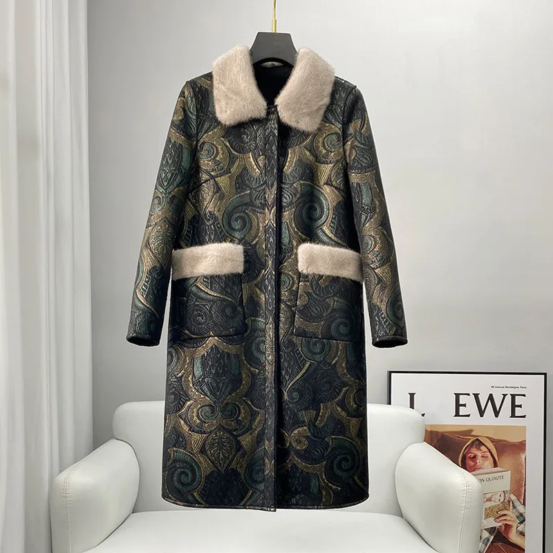 

PUDI Luxury Lady Real Wool Fur Lining Coat Fashion Pattern Warm Mink Fur Collar Jacket CT2139