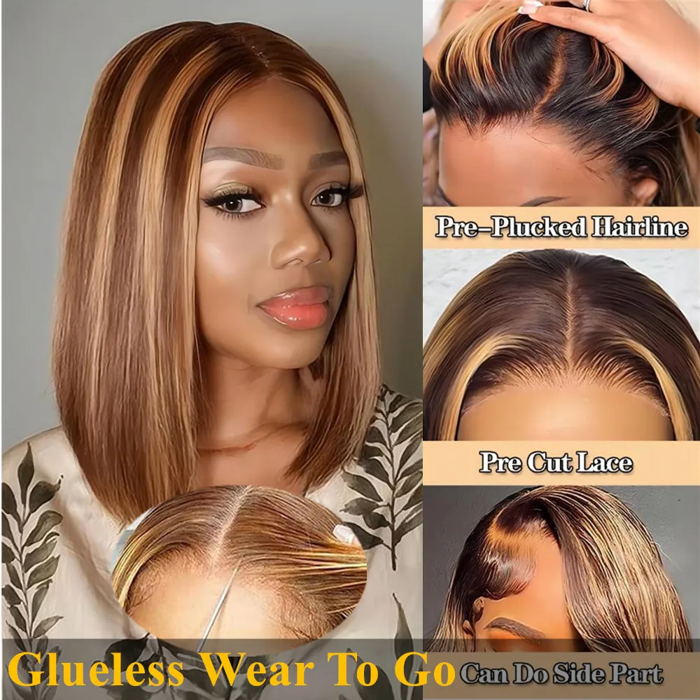 

P4/27 Bob Wig Glueless Wear To Go Highlight Straight Short Bob Wig 4x4 Lace Closure Human Hair Wigs For Women Bob Wig Human Hair