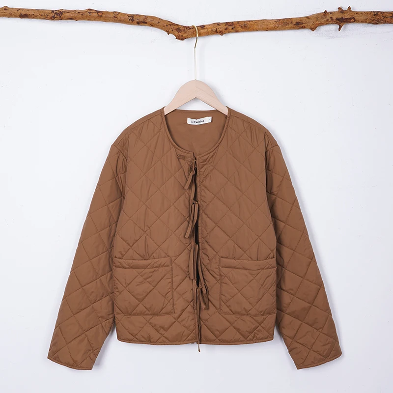 الدانتيل متابعة مبطن سترات قطنية النساء اللون البني شتاء جديد بأكمام طويلة س الرقبة خفيفة الوزن معطف دافئ جيب الإناث أبلى #4