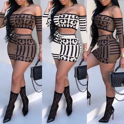 Women Fashion Summer Slim Dress Women Slash Neck Two Pieces Sexy Print Dress Ladies Sexy Club Party Dress