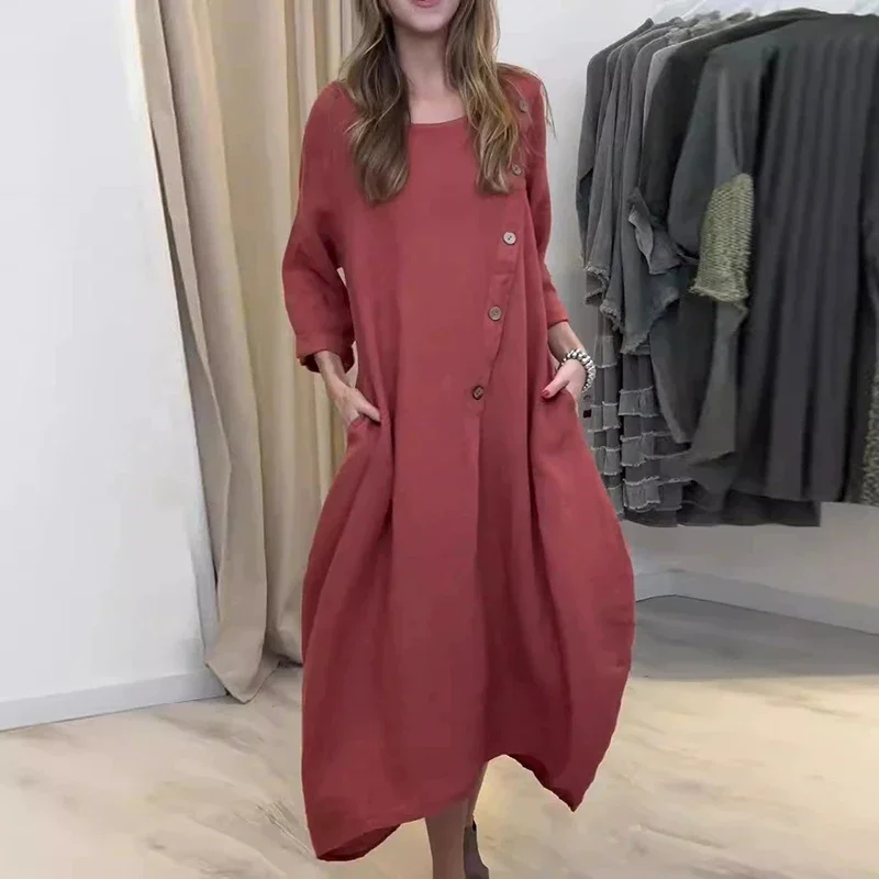 

New Retro Solid Cotton Linen Long Dresses Woman Fashion Crew Neck Button Pocket Dress Spring Casual Long Sleeve Loose Maxi Dress