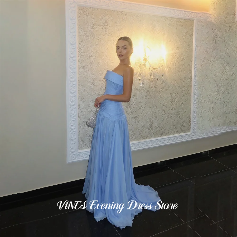 

VINES Blue Strapless Party Dress Pleated Prom Dress Flowy Chiffon فساتين السهرة Floor Length Wedding Dress Customized