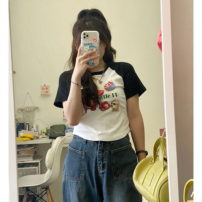 Été ort Sve T-shirt femme épicé fille polyvalent coréen Sle Chic oulder Insertion américain rétro ort longueur haut