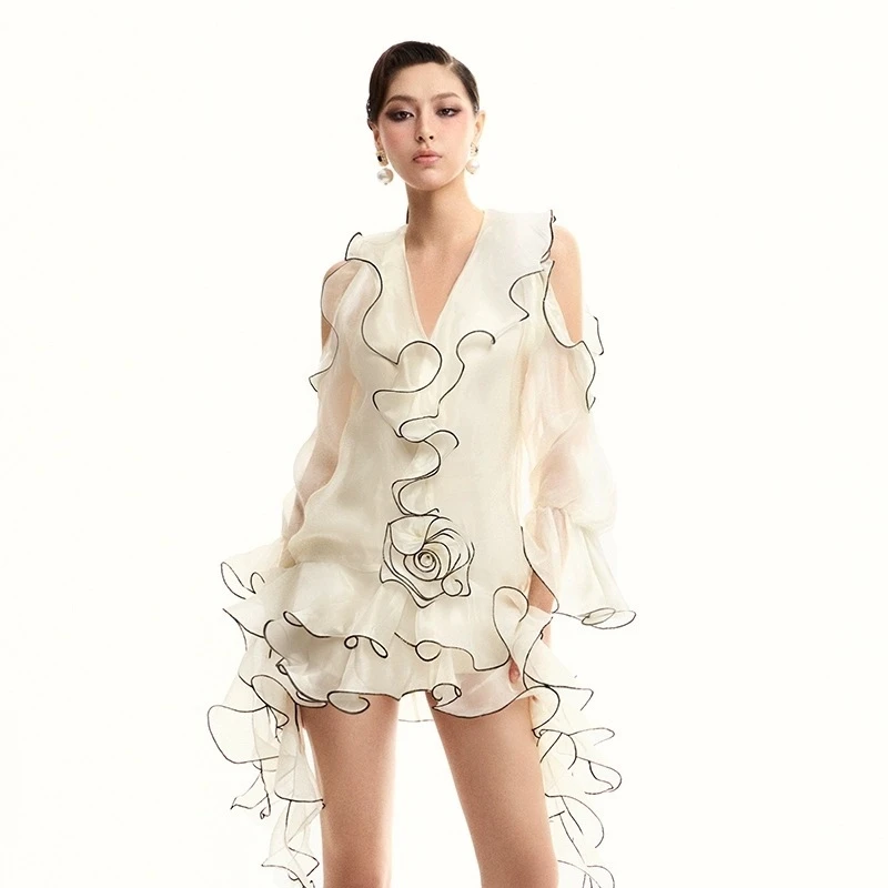 

Women French Romontic Style V Neck Ruffles Edge Off The Shoulder Ribbon Decoration Fairy Dress