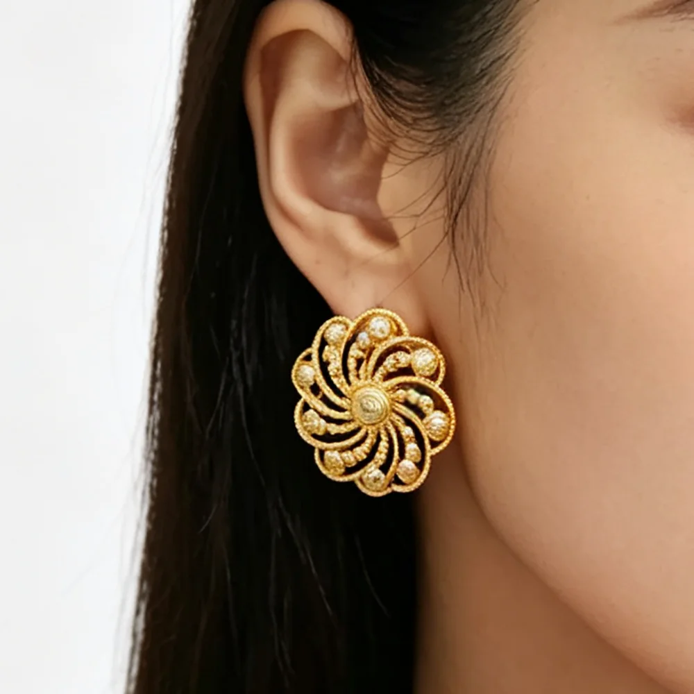 Women 18K Gold Plated Filigree Openwork Spiral Flower Earring & Ring Set African Ethnic Statement Jewelry Party Wedding Gift