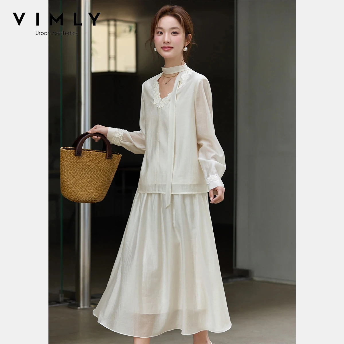 

VIMLY Women's Elegant Two-Piece Set 2026 Spring New French Lace Trim V-Neck Detachable Sash Top Midi Skirt Set for Women A5067