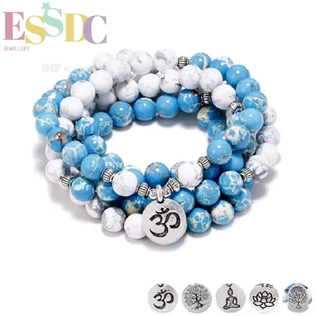 Hot Sale Natural Blue Emperor Beads Stone 108 Mala Necklace or Bracelet Yoga Ohm Fingered Lotus Pendant Male Female Ornaments