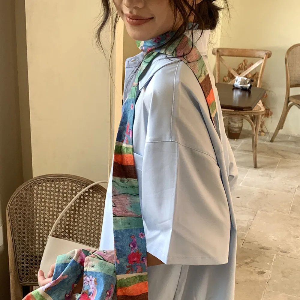 

Cotton Oil Painting Scarf Thin Flower Field Scarf Headband Vintage Vertical Stripe Extended Long Ribbon Bag Decoration
