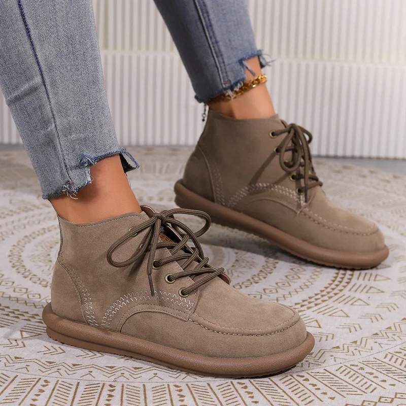 Winter Solid Color Casual Fashion Women's Shoes Round Toe Flat Anti-slip New Lace-up Comfortable Short Boots Zapatos Mujer