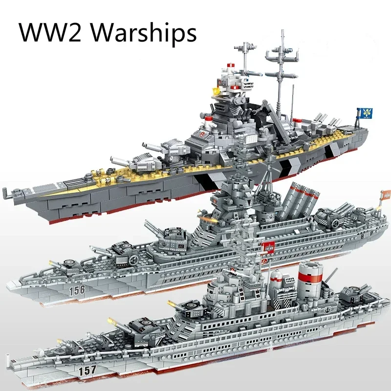 WW2 Military Warships Series Building Blocks Battleship Bismarck Colossus Model WW2 Military Soldier Weapon Toys