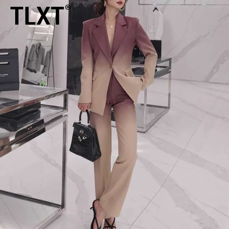 

TLXT офисный женский градиентный комплект из 2 предметов, женский костюм с зубцами на одной пуговице со сборкой на талии, пальто с узкими брюками, лето 2025 XK1276