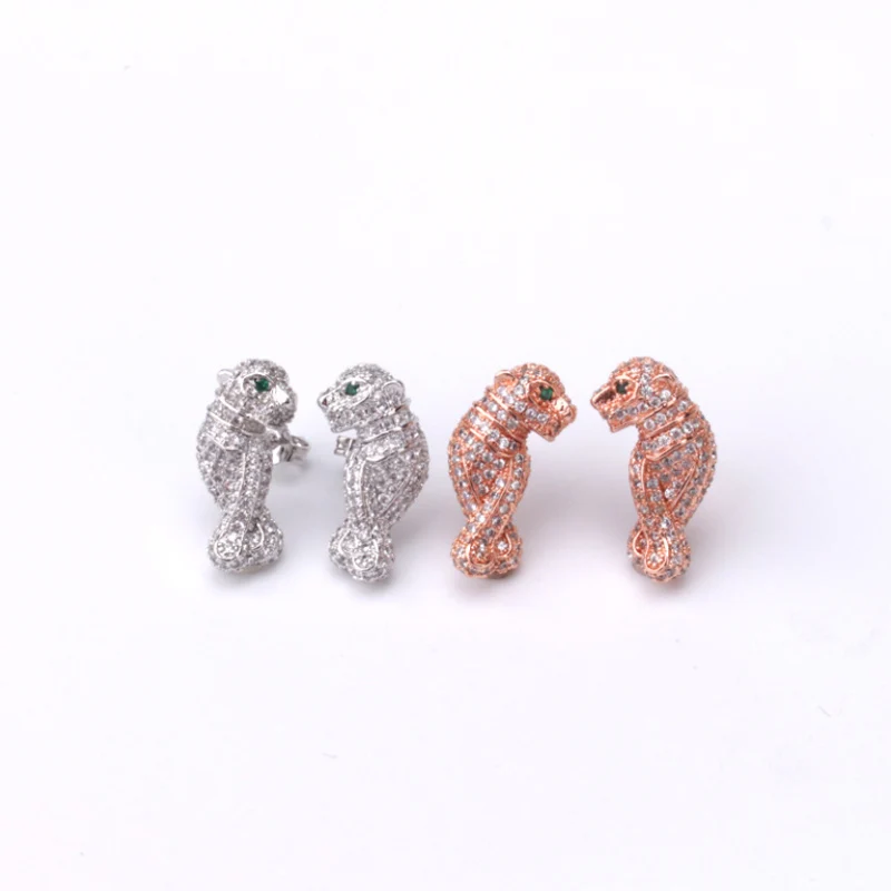 Bobokiki Jewelry Personalized Leopard Head Titanium Steel Micro-Inlaid AAA Zircon Silver Needle Luxury Palace Earrings