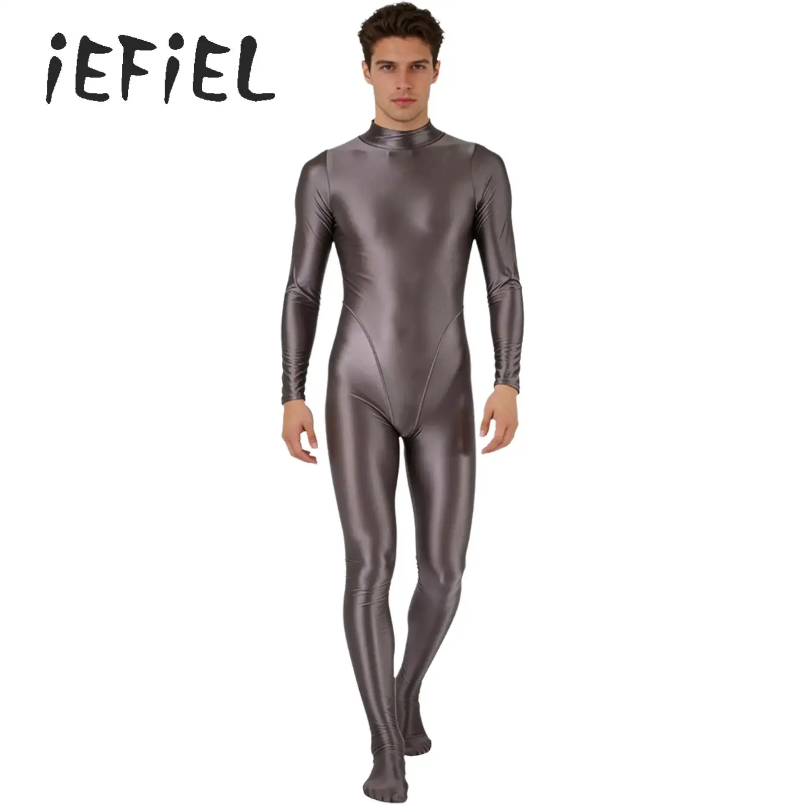 

Mens Oil Glossy Swimsuit Full Body Suit Long Sleeve Footed One Piece Jumpsuit Rash Guard Diving Surfing Workout Bathing Suits