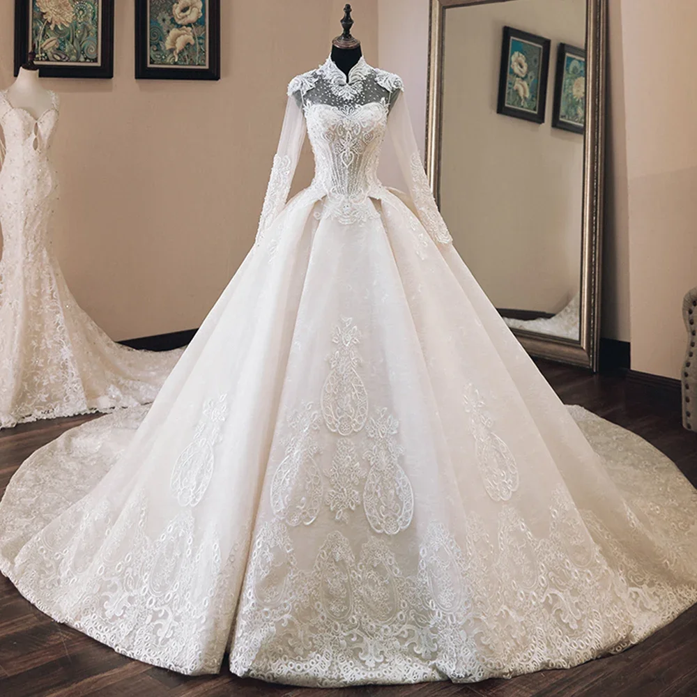 Vestido de Casamento, роскошное бальное платье с аппликацией из бисера, свадебные платья, платье невесты с длинным рукавом и высоким воротом, платье для выпускного вечера по индивидуальному заказу