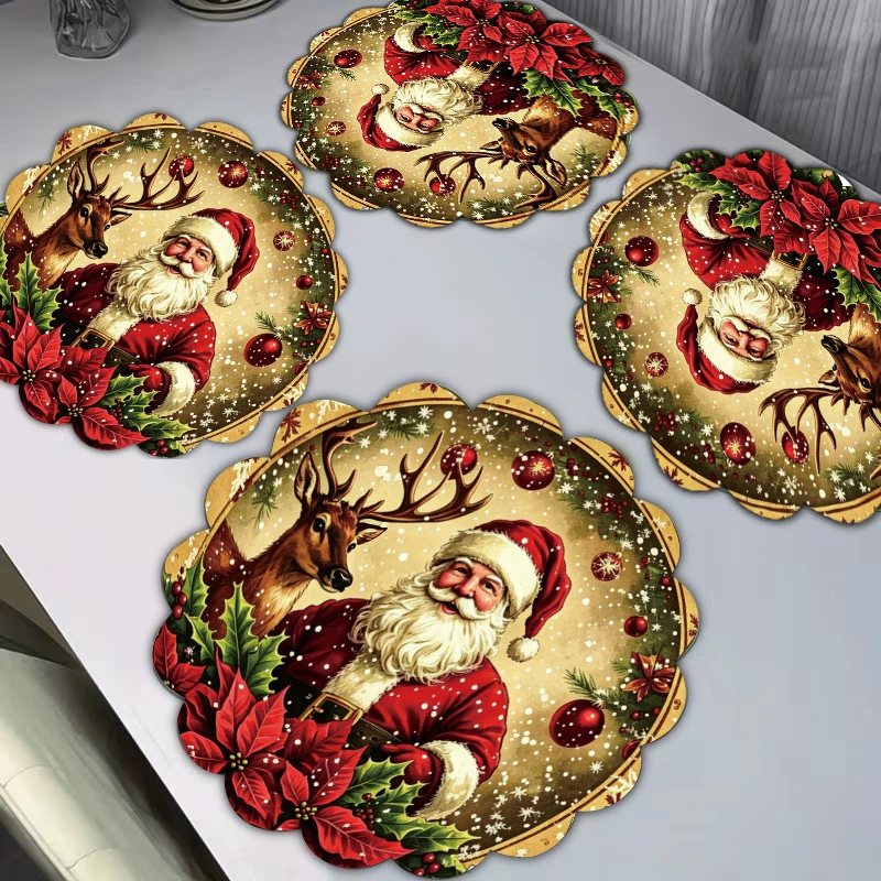 Vintage Santa Claus With Reindeer Christmas Placemats Poinsettia Holly Table Mats For Holiday Dinner Table Home Decoration