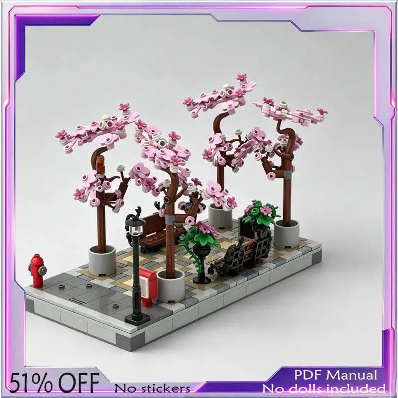 589PCS Spring Cherry Blossom Alley Building Blocks City Street View Tree Model Custom Creative Assembly Toy Desk Decor Gift