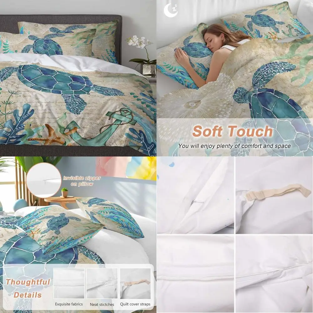 

Комплект постельного белья с морской черепахой: ультрамягкий пододеяльник из микрофибры из трех предметов с наволочками, винтажная морская тема на весь сезон