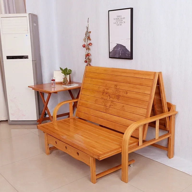 Bamboo bed simple folding bed sofa dual-purpose single household double multi-functional office durable