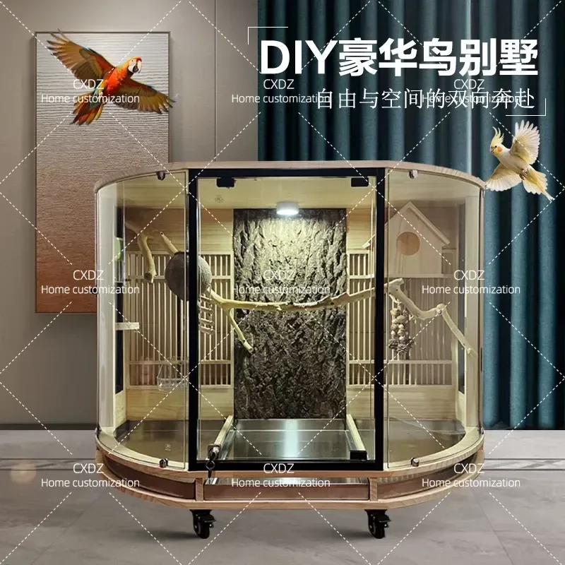 Luxury Solid Wood Parrot Bird Cage Villa Panoramic Design Splash Proof Large House for Macaw Gray Parrot Monk Small Golden