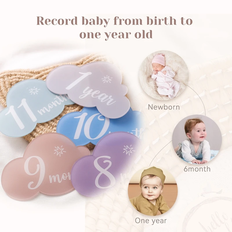 14Pcs Baby Acrylic Memorial Milestone Cards Cloud Shape Cards 0-12 Months Number Monthly Newborn Photography Props Birth Gift