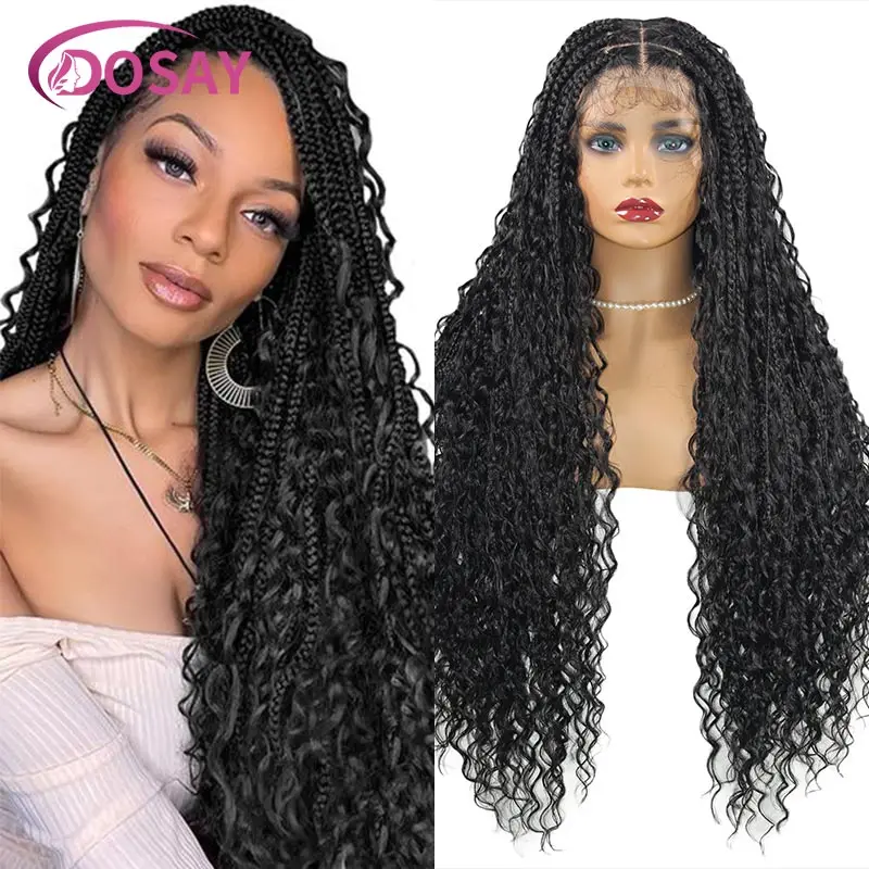 32 Inch Synthetic Long Boho Braided Wigs Full Lace Knotless Box Cornrow Braiding Wig with Curly Lace Frontal Wig For Black Women