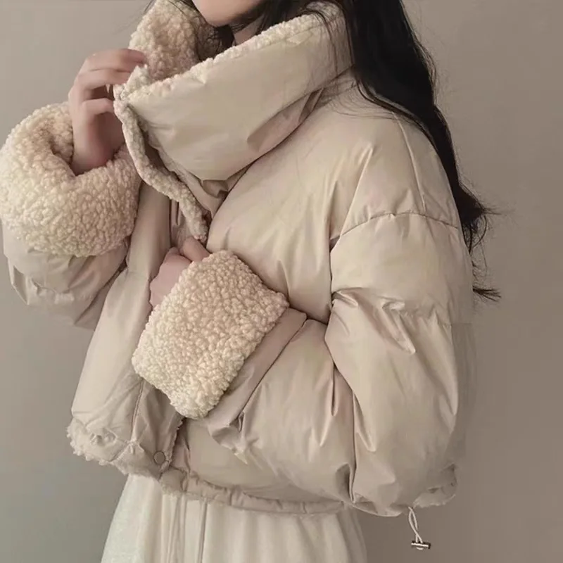 Women's Fleece Lined Padded Coat Zip Up Turn Down Collar Long Sleeve Pockets Loose Fit Short Warm Cozy Winter Outerwear Jacket