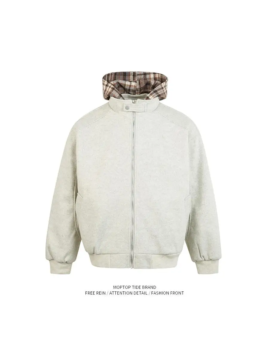 

Mr. WH American Retro Woolen Jaet Men's Winter Trend Brand Design Sense Fake Two-Piece Hooded Cotton Clothes Outerwear