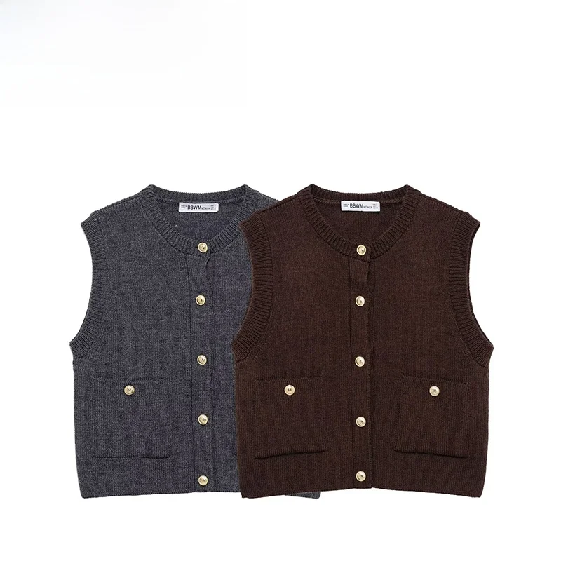 

ZBZA Faionable Flat Needle Vest Sle Top Women's Clothing Design Autumn New Arrival round Ne Polyester Fiber Blouse