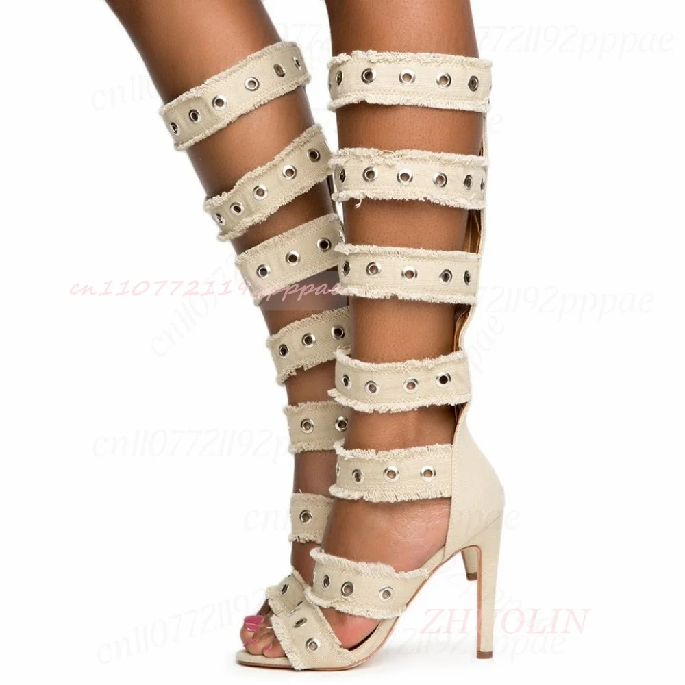 Women Gladiator Sandals Beige Knee High Stiletto Heels Open Toe Metal Eyelet Straps Frayed Trim Zipper Summer Party Dress Shoes
