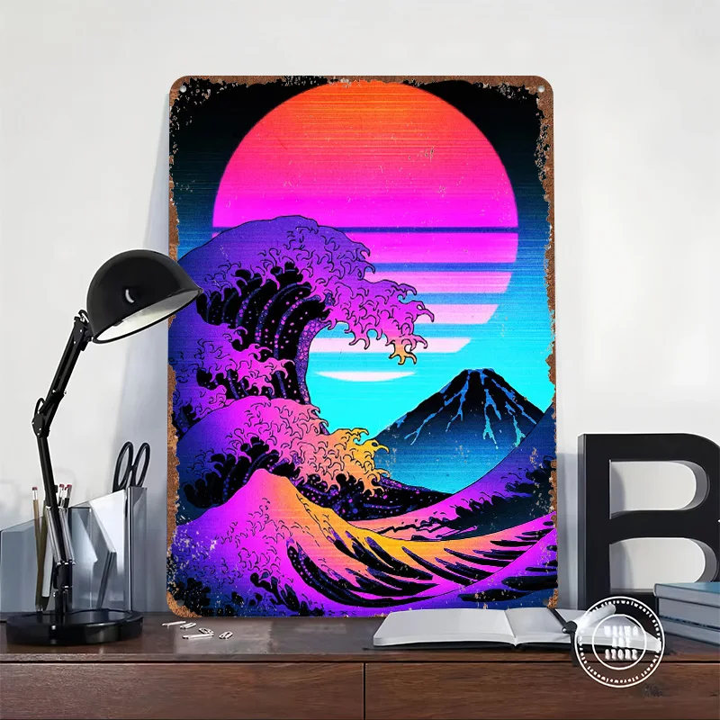 Vaporwave Great Wave Off Kanagawa Printed Poster Customized Wall Art Retro Vintage Metal Tin Signs for Home Decoration Gaming
