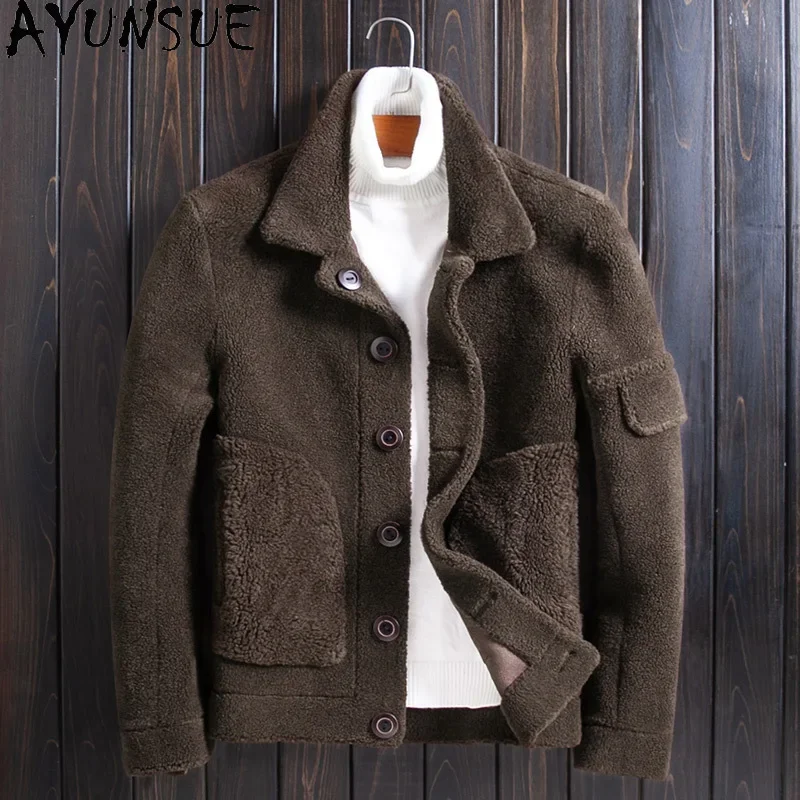 AYUNSUE Genuine Leather Jackets Sheepskin Men's Leather Jacket Winter Reversible Shearling Leather Jacket Кожаная Куртка Мужская